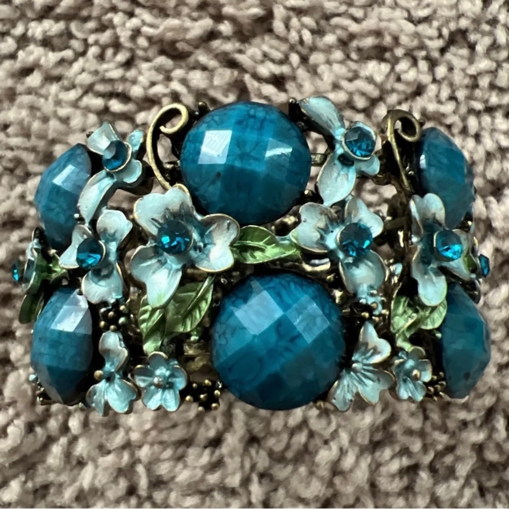 Gold Tone Blue/turquoise Colored Enamel Flower CHUNKY cuff Bracelet